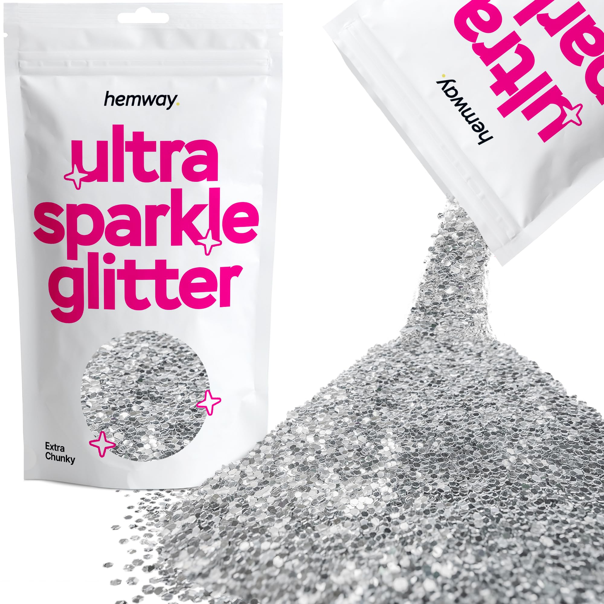 Hemway Ultra Sparkle Glitter Silver 100g Extra Chunky | Glitter for Arts & Craft, Makeup, Nail Art, Crafting, Card Making, Sparkle Decoration