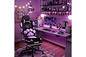 MEENICE Pink Gaming Chair Cute with Cat Ears Paw Lumbar and Cushion,Ergonomic Computer Chair with Footrest,Reclining PC Game Chair for Girl Computer Chair 300lbs for Adult, Black and Purple