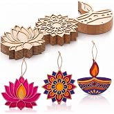 DoubleFill 24 Pcs Indian Diwali Wooden Crafts Decor, Lotus Return Gift Bulk | Traditional Diwali Unfinished DIY Art Ornaments with Hanging Rope for Navratri, Diwali, Wedding, Home Wall Decorations