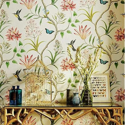 Blooming Wall Vintage Fresh Floral Birds Wallpaper Wallpaper Wall Mural for Livingroom Bedroom Kitchen Bathroom, 20.8 In32.8 Ft=57 Sq.ft,Multicolor