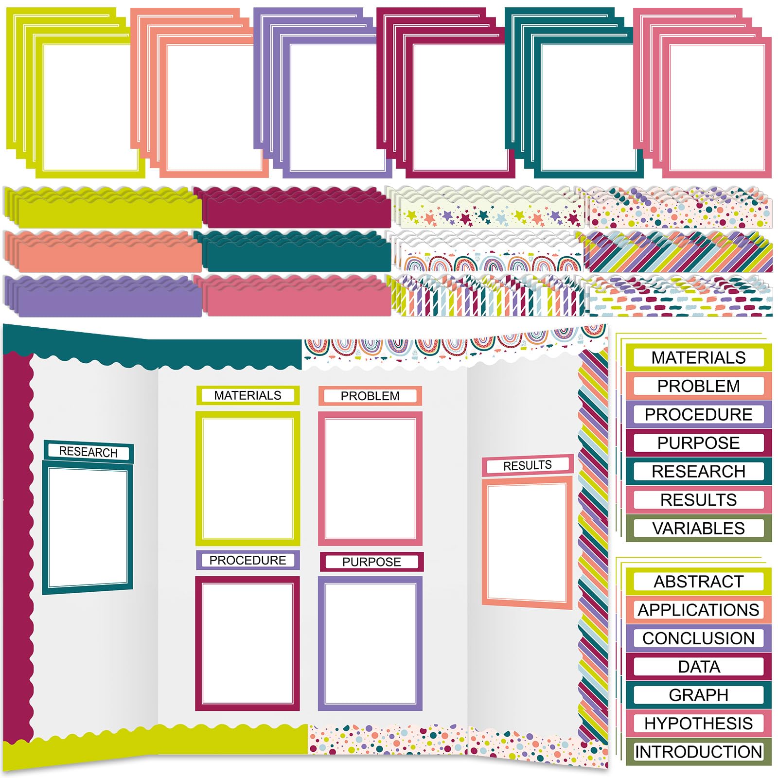 Photo 1 of Fuyoooo 90 Pcs Science Fair Board Supplies 60 Trim Scalloped Bulletin Board Borders 24 Presentation Board Subtitles 6 Science Fair Titles for Classroom Display Boards(Classic)