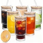 Salpae 6 Pack Glass Cups with Lids and Straws, 16oz Ribbed Drinking Glasses Tumblers Durable Drinkware Water Glasses Cup Ideal Gift for Home, Kitchen, Office
