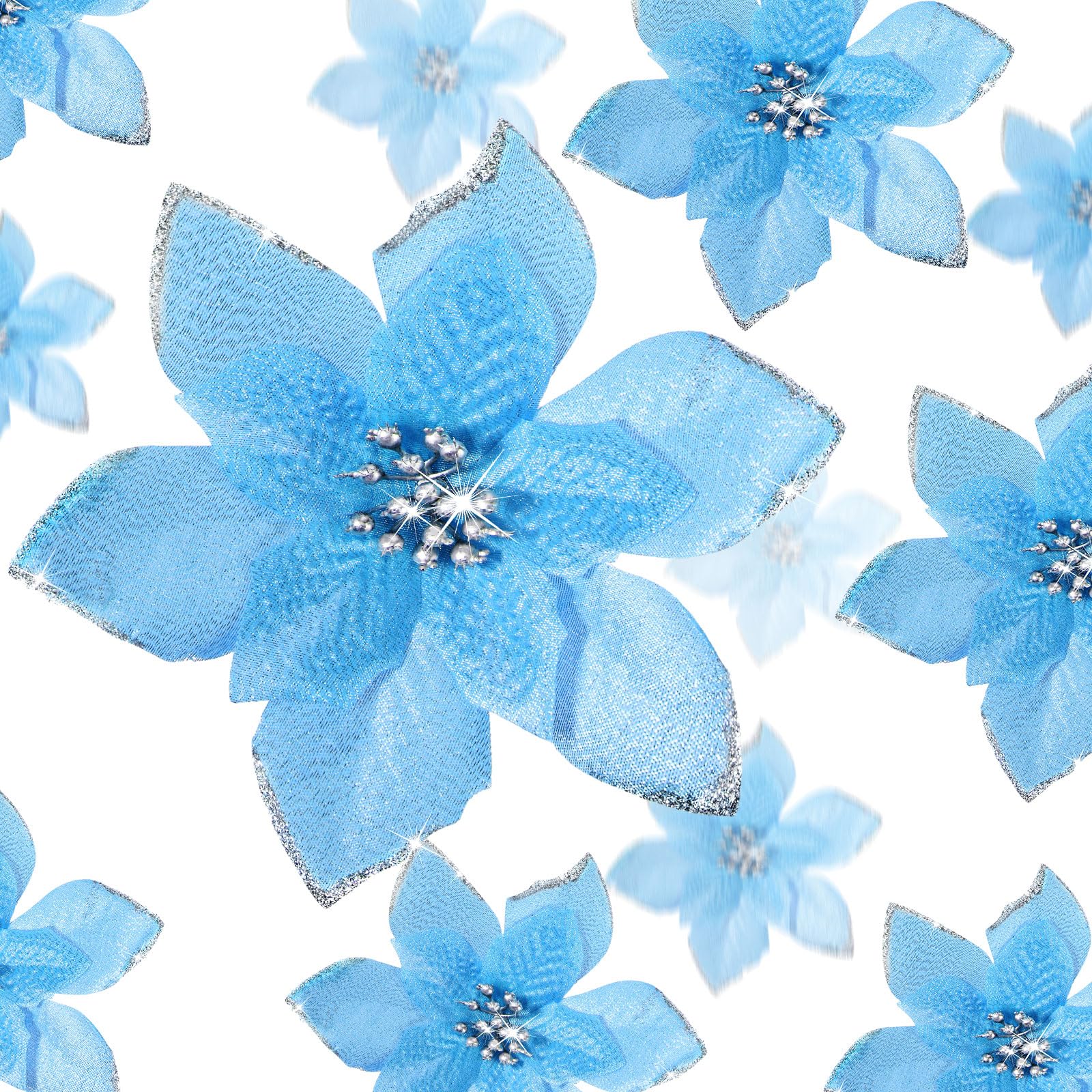 36 Pcs 3 Size Christmas Poinsettia Tree Flowers Glitter Faux Flowers Decoration Artificial Poinsettia Ornaments For Christmas New Year Home Outdoor Decoration (Lake Blue, 3/4/6 Inch) — image 1