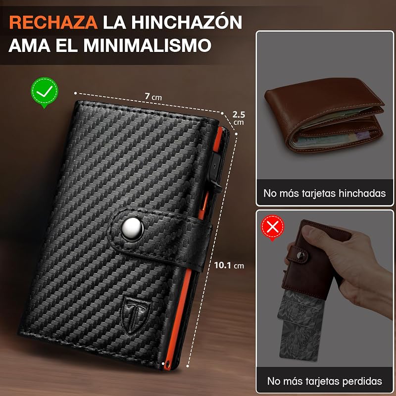 Carteras para Hombre | Tarjetero Cartera Hombre con Monedero & Bloqueo RFID | Tarjeteros para Tarjetas de Credito | Billeteras para Hombre | Regalo Hombre - Fibra de Carbon (Negro-Naranja)