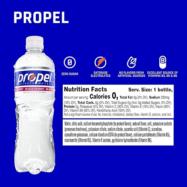 PROPEL, BLACK CHERRY, ZERO CALORIE SPORTS DRINKING WATER WITH ELECTROLYTES AND VITAMINS C&E, 16.9 FL OZ (12 COUNT)