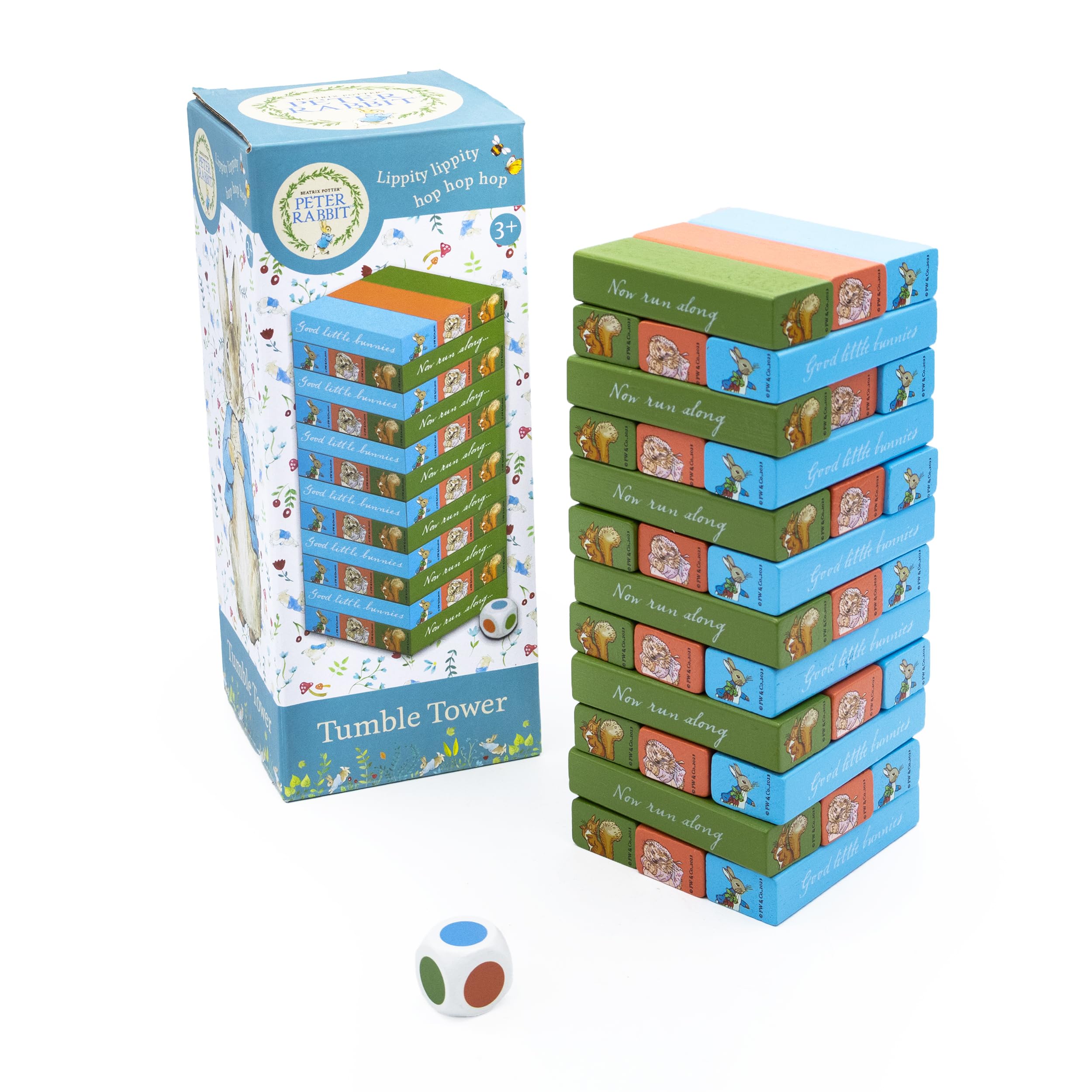Robert Frederick Peter Rabbit Wooden Tumble Tower Game | Colourful Stacking Blocks With Dice | Family Game Featuring Beatrix Potter Characters | Fun Wooden Balancing Toy for Kids