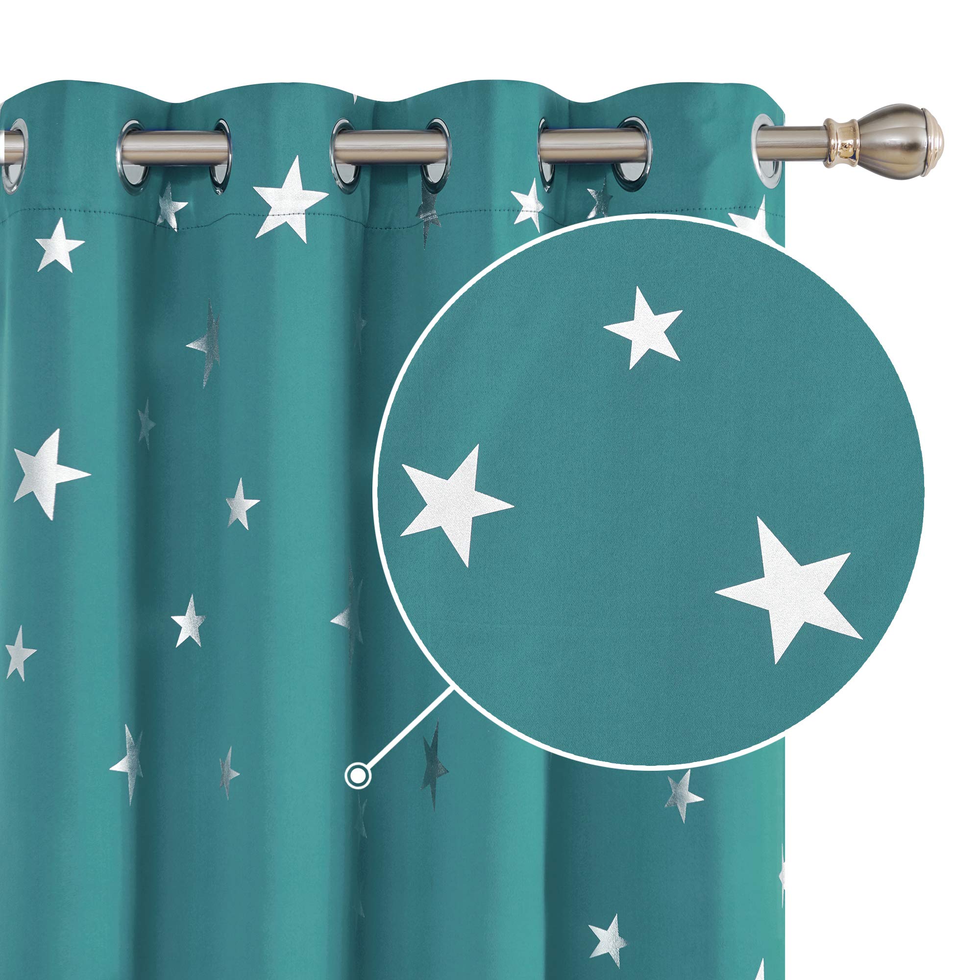 Deconovo Super Soft Thermal Insulated Silver Star Printed Eyelet Blackout Curtains for Bedroom 46 x 72 Inch Turquoise 2 Panels