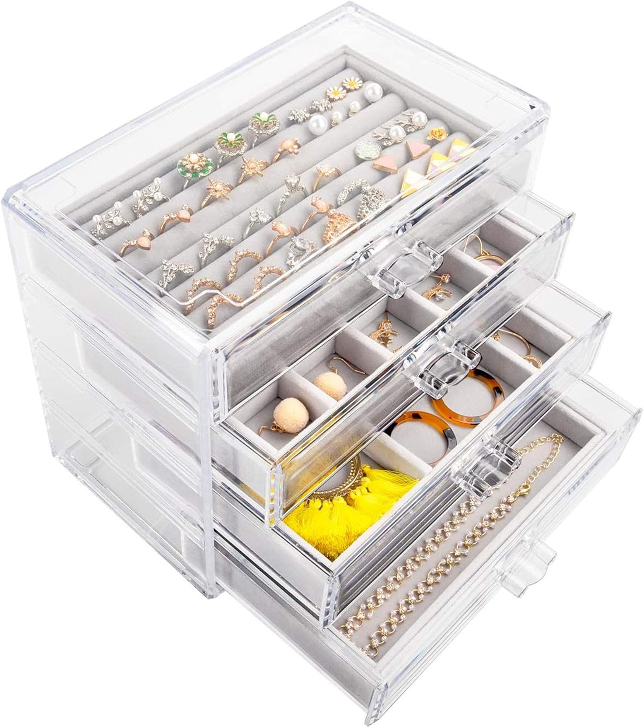 Mebbay Acrylic Jewelry Box with 4 Drawers, Velvet Jewelry Organizer for Earring Necklace Ring & Bracelet, Clear Jewelry Display Storage Case for Woman, Grey: Home & Kitchen