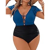 Blooming Jelly Women's Plus Size One Piece Swimsuit Tummy Control Bathing Suit Cute V Neck Maternity Swimwear