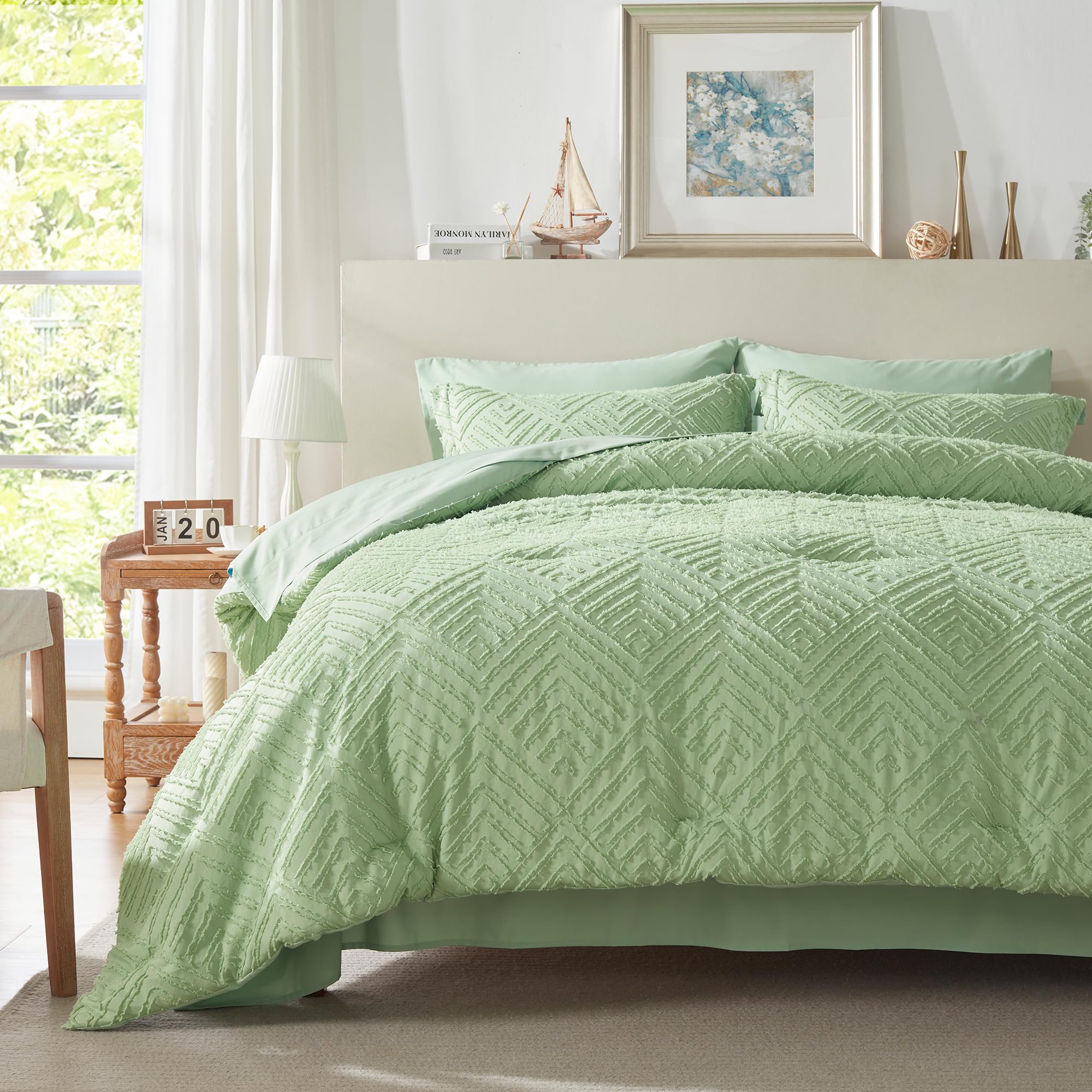 SunStyle Home Sage Green Twin Comforter Set 5 Pieces Tufted Bed in a ...