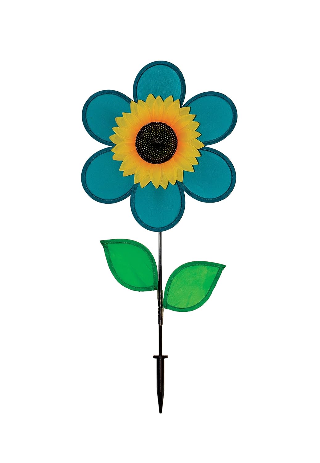 In the Breeze 12 Inch Teal Sunflower Wind Spinner with Leaves - Includes Ground Stake - Colorful Flower for your Yard and Garden