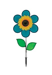 In the Breeze 12 Inch Teal Sunflower Wind Spinner with Leaves - Includes Ground Stake - Colorful Flower for your Yard and Garden