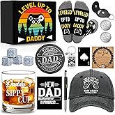 15 Pcs New Dad Gifts, Unique Dad Gift with 11 oz Daddy's Sippy Cup Whiskey Glass 4 Whiskey Stones Coaster Hat Sock Bracelet Decision Coin Keychain, Father's Day Christmas Gift for New Daddy, Husband