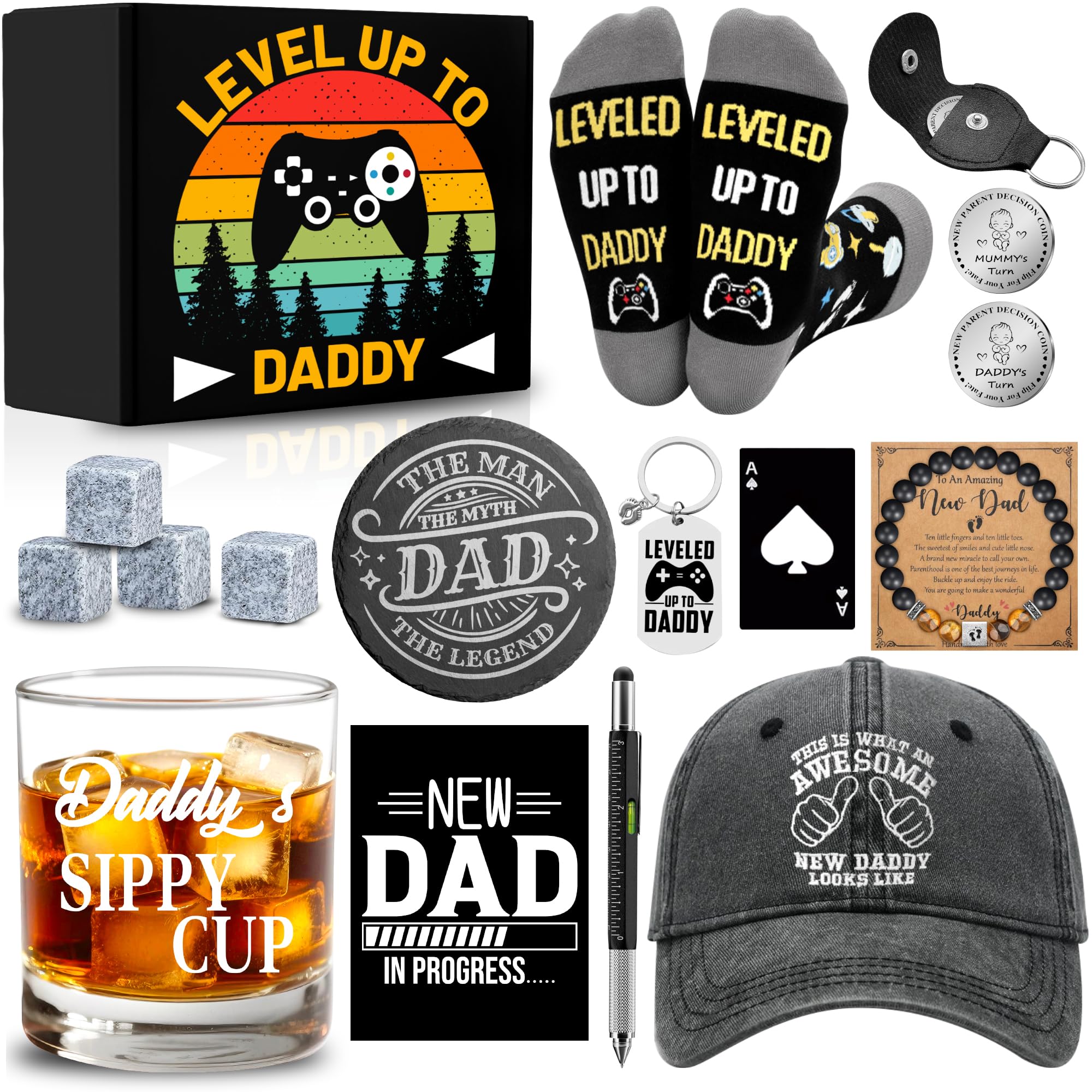 View 1 of 15 Pcs New Dad Gifts, Unique Dad Gift with 11 oz Daddy's Sippy Cup Whiskey Glass 4 Whiskey Stones Coaster Hat Sock Bracelet Decision Coin Keychain, Father's Day Christmas Gift for New Daddy, Husband