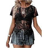 SOLY HUX Women's Sheer Fringe Tops Short Sleeve Floral Lace See Through Vintage T Shirts Vacation Outfit