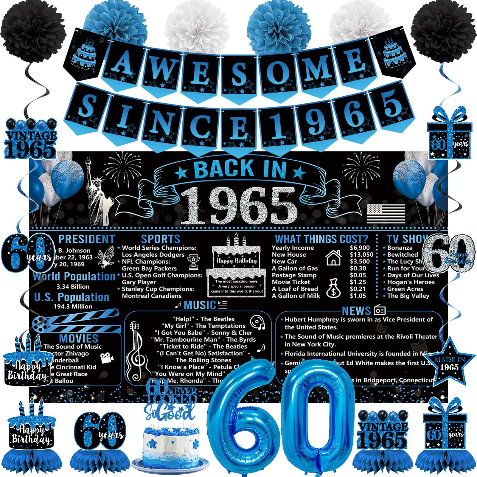 Trgowaul 60th Birthday Decorations for Men, 22PCS Black Blue Back in 1965 Birthday Party Supplies, Blue Vintage Banner, Swirls, Honeycomb, 60th Cake Topper, 60 Number Balloon, 60 Year Old Set