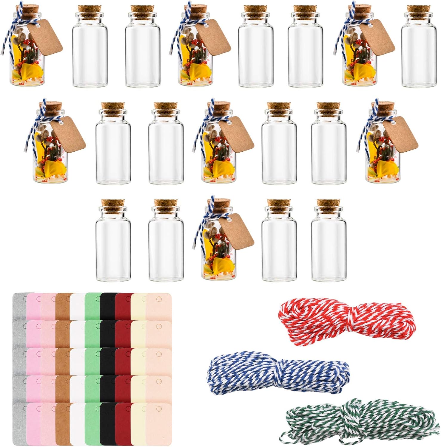 Dmyond 20pcs Mini Glass Jars Bottles with Cork, Decorative Wish Bottles with 50pcs Tags and 30M Twine, Small Glass Bottles, Clear Vials Glass Favor Jars for Wedding Favors Birthday Home Decorations: Home Improvement