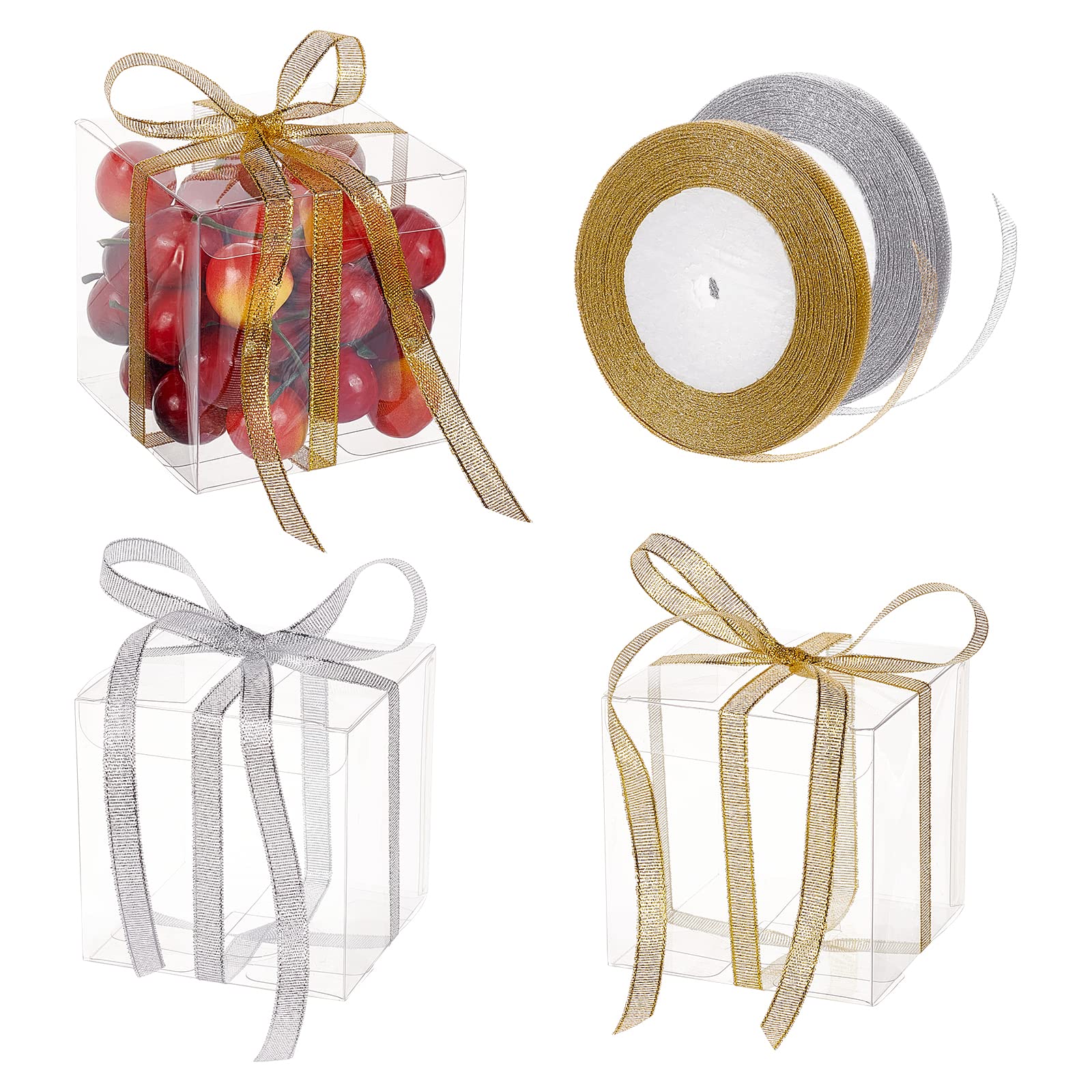 BENECREAT 30PCS 9x9x9cm Clear Cube Wedding Favour Boxes PVC Transparent Cube Gift Boxes with 2 Rolls Gold and Silver Glitter Ribbons for Candy Chocolate Cake Balloon