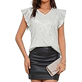Sequin Tops for Women Short Sleeve Ruffle V Neck Sparkle Top Glitter Evening Cocktail Club Party Shirt