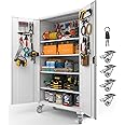 Upgraded Tall & Wide Metal Storage Cabinet with Doors & 4 Adjustable Shelves | Heavy-Duty Black Lockable Garage Cabinet with Wheels & Pegboard for Office, Gym, Basement, Warehouse (White)
