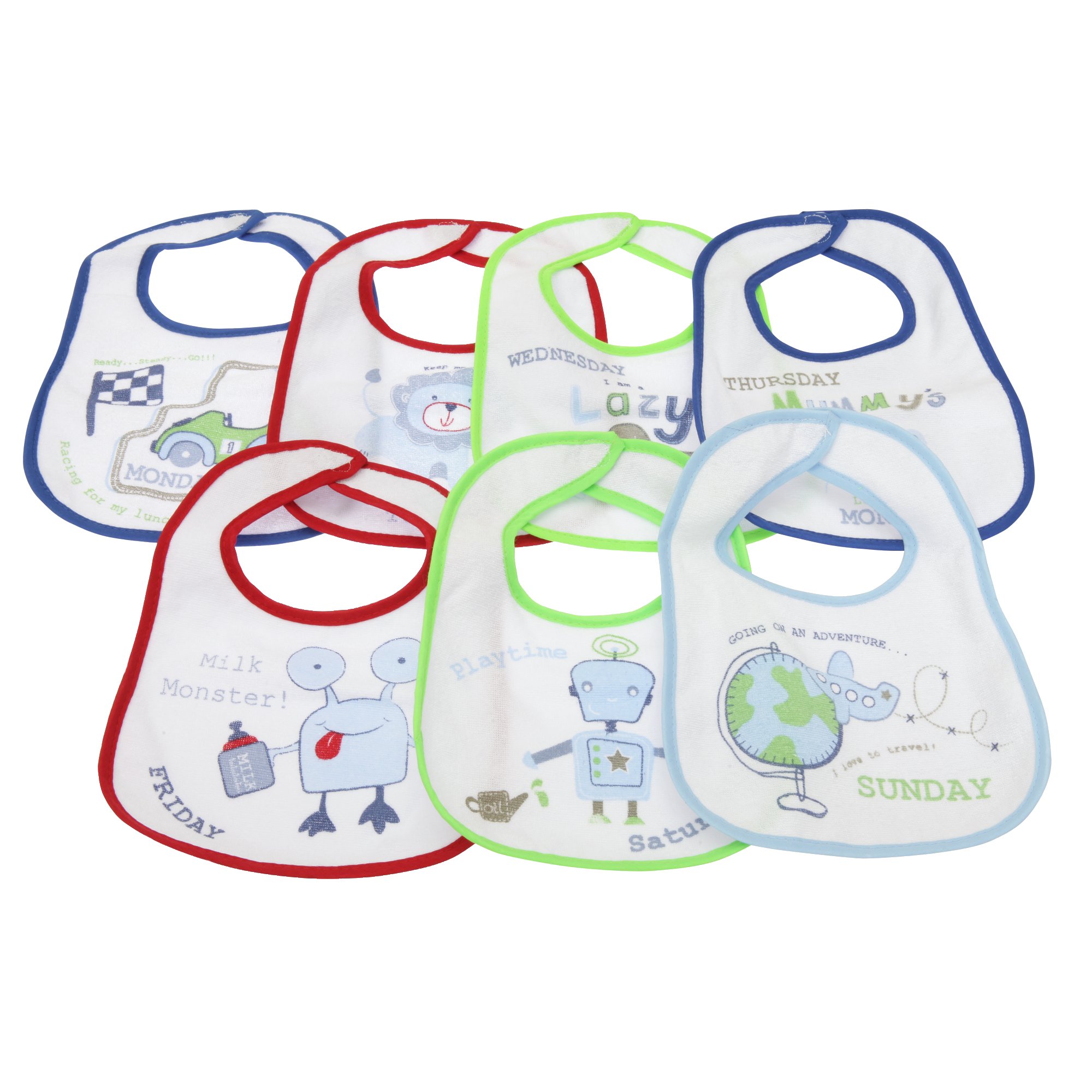 Baby Patterned 7 Days Of The Week Bibs in Boys & Girls Options (Pack of 7) (0-6 Months) (Blue)