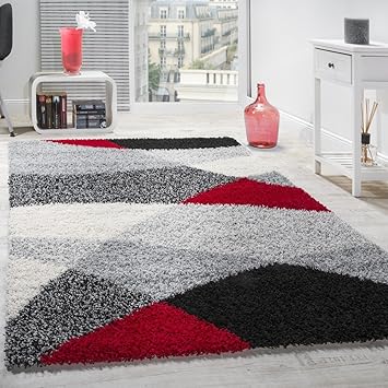 Paco Home Tapis Shaggy Longues Mèches Hautes Motifs Gris Noir Blanc Rouge Dimension140x200 Cm