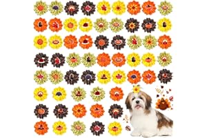 Sadnyy 60 Pack Thanksgiving Dog Hair Bows Fall Dog Flower Bows with Rubber Bands Thanksgiving Puppy Grooming Hair Accessories Pumpkin Turkey Pattern for Holiday Puppy Cats Pets Accessories