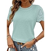 SHEWIN Womens Frenchy Summer Tops Crewneck Short Sleeve T Shirts Casual Waffle Knit Jacquard Blouses Top Shirts