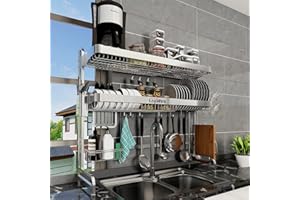 Loyalfire Over Sink Dish Drainer Drying Rack, 3 Tier Adjustable Length (20.87'' to 37.6'') Full Stainless Steel Large Storage