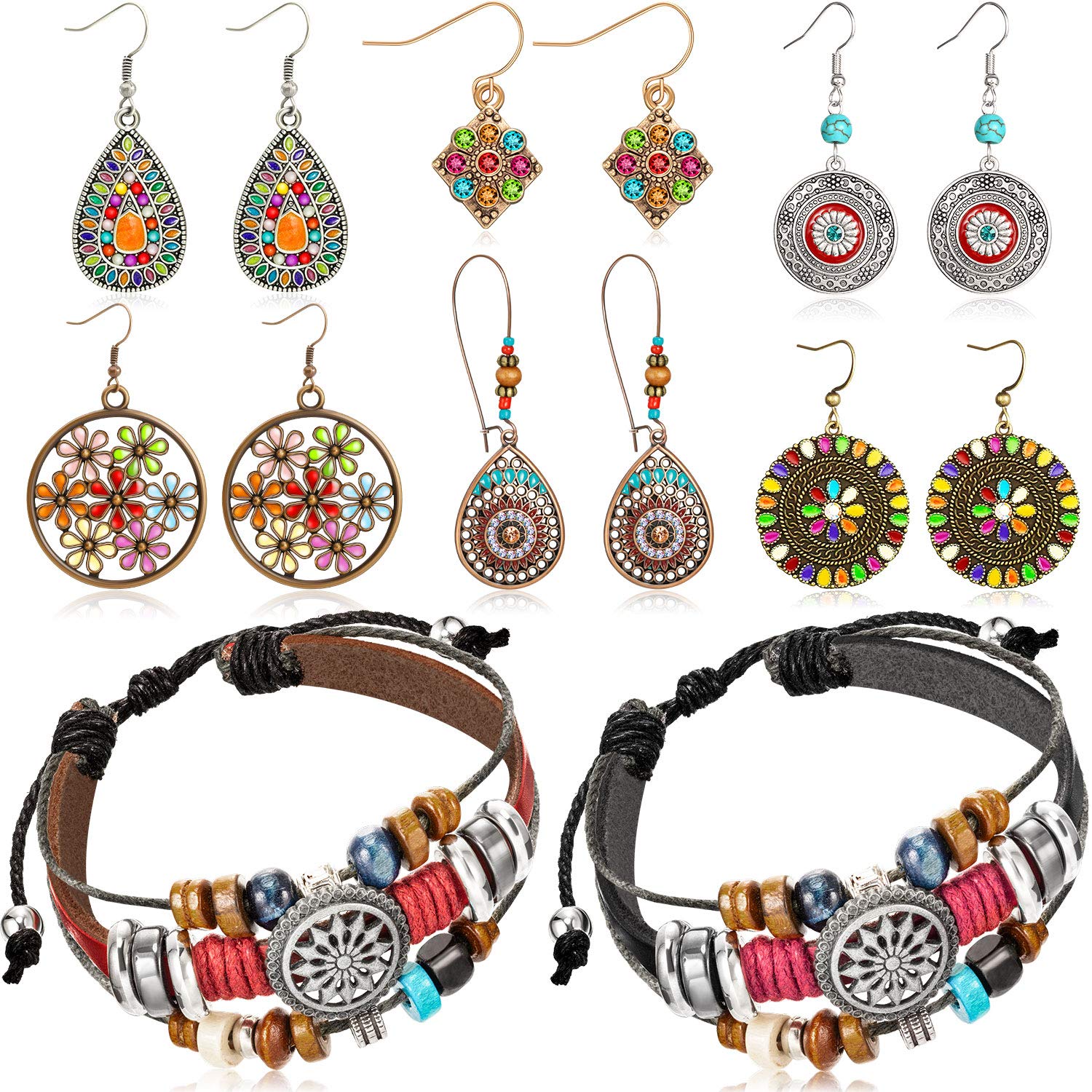 Hicarer 6 Pairs Bohemian Vintage Dangle Earrings Sets Boho Retro Rhinestone Drop Earrings and 2 Pieces Vintage Bohemia Beaded Bracelet Multi Layer Woven Bracelet Jewelry