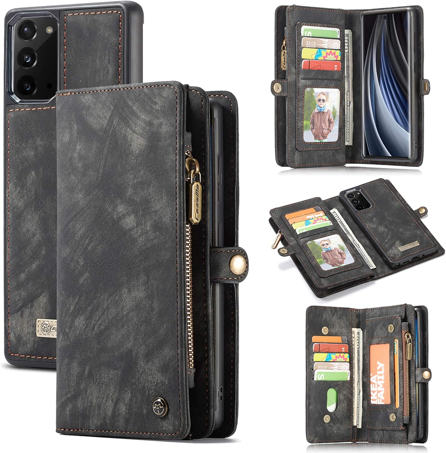 UFinetech 2-in-1 Stylish Samsung Galaxy Note 20 Case Wallet Magnetic Detachable Luxury Leather TPU Card Holder Flip with Lanyard Zipper Carrying Purse Cover for Samsung Galaxy Note 20 5G 2020 Black