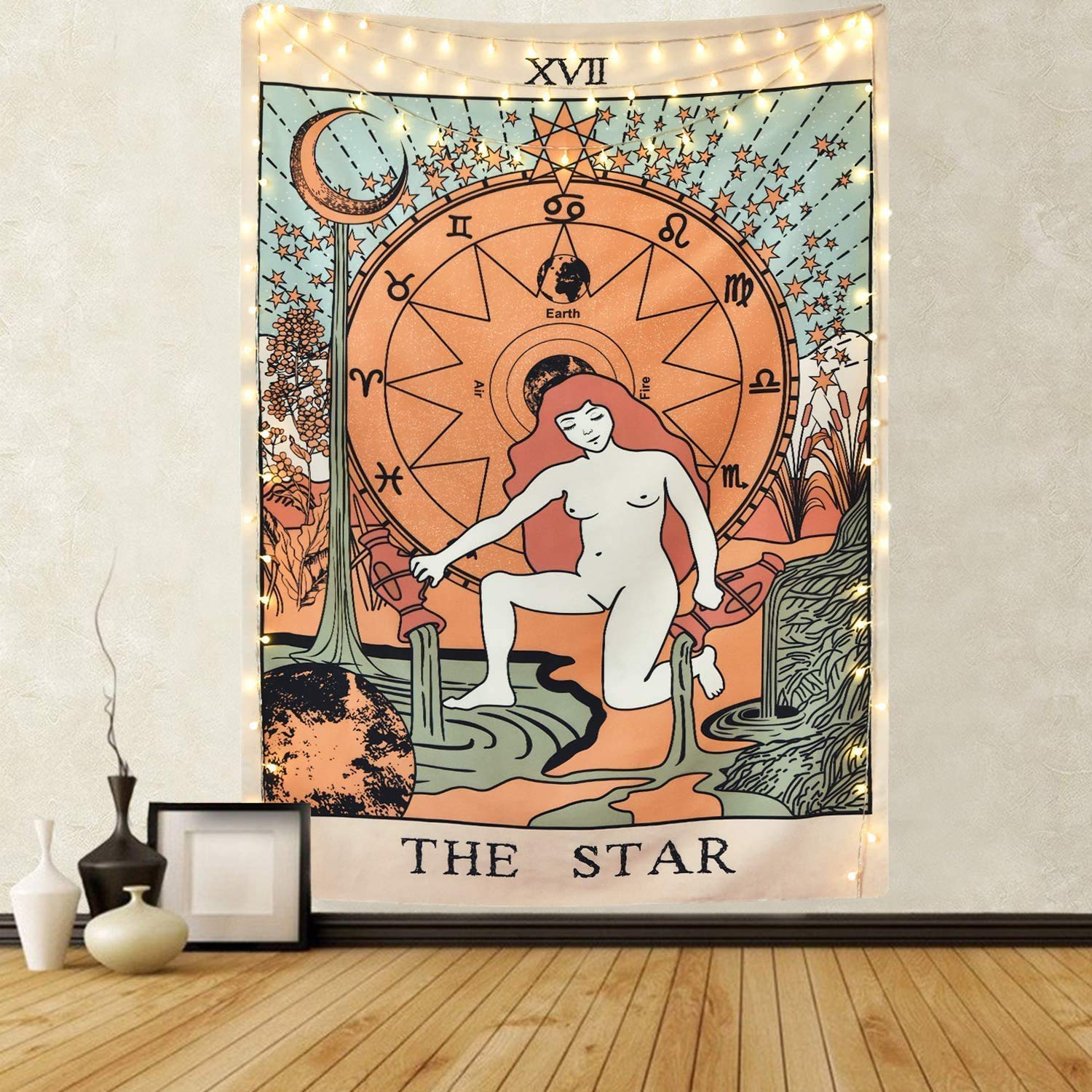 Mazheny The Moon Star and Sun Tarot Wall Hanging Medieval European Style Wall Hanging for Bedroom and Home Decor, The Star, 51"×59"