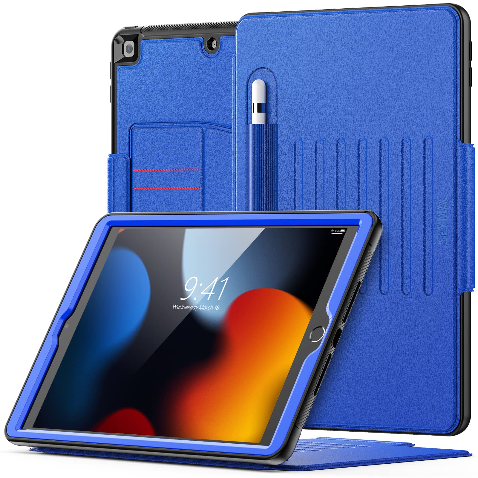 SEYMAC Case for iPad 9th/7th/8th Generation 10.2 inch 2021/2020/2019, Magnetic Smart Cover with Auto Sleep/Wake,Card Slots, Multi-angle Stand, iPad 9th Gen Case, Blue — image 1