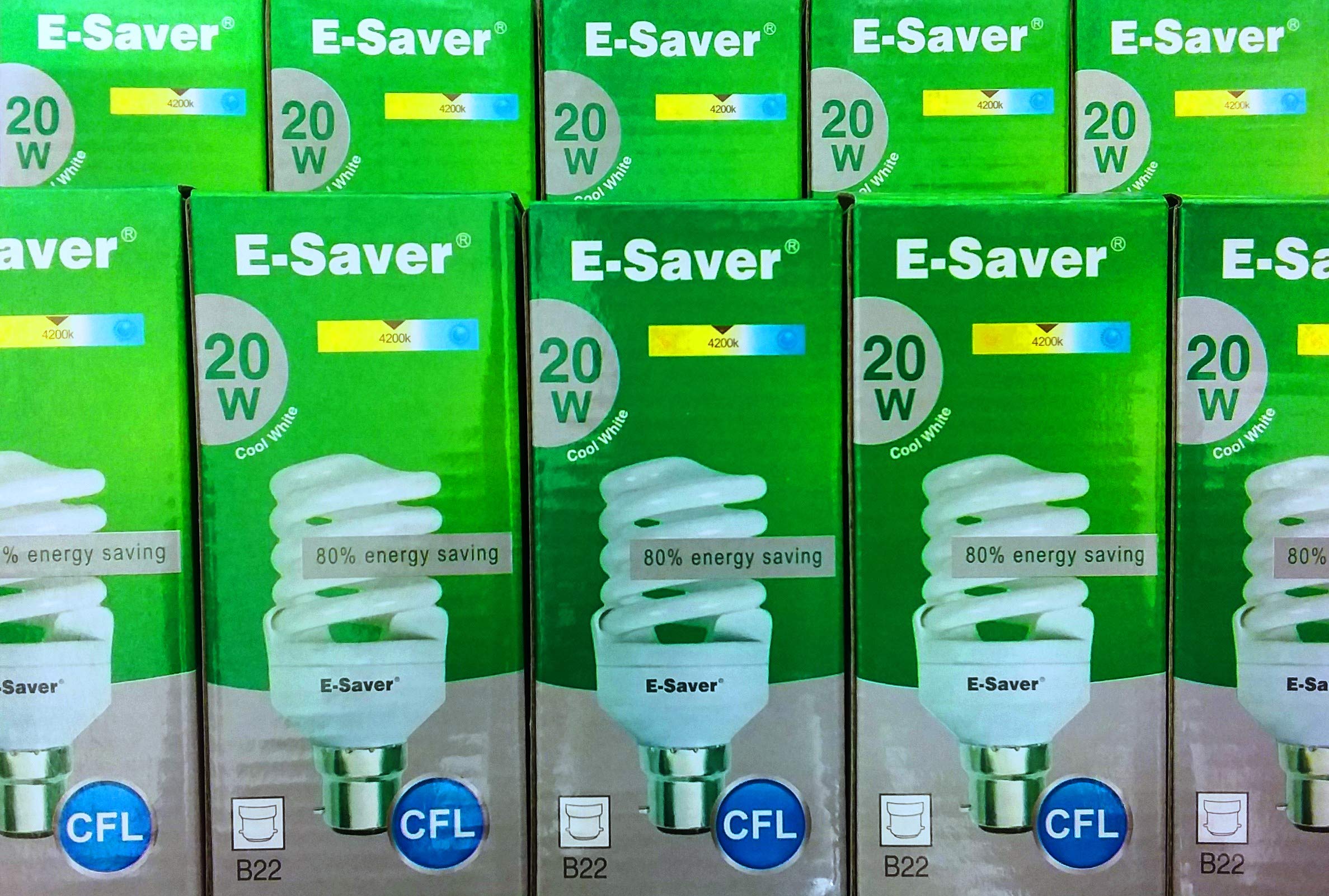 E-Saver - CFL Full Spiral - Energy Saving Light Bulbs - 20w = 100 Watt - (Pack of 10) - 4200k Cool White Light Bulbs - Bayonet Light Bulb (BC- B22- B22d)