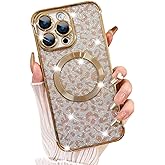 Fiyart Designed for iPhone 14 Pro Max Case,Compatible with MagSafe Cheetah Print Plating Camera Protection Magnetic Clear Glitter Leopard Print Shockproof Phone Bumper for Women Girls 6.7"-Gold