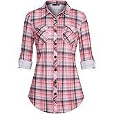 DJT Womens Soft Stretchy Knit Plaid Shirts Roll Up Long Sleeve Collared Button Down Blouses Tops