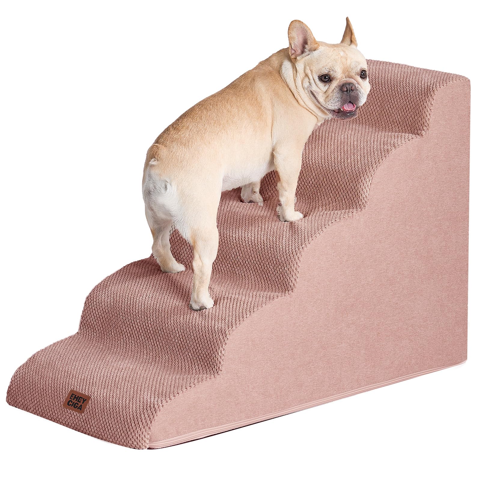 EHEYCIGA Curved Dog Stairs Ramp for High Beds 22.6" H, 5-Step Dog Steps for Small Dogs and Cats, Pet Stairs for High Bed Climbing, Non-Slip Balanced Pet Step Indoor, Dusty Pink Image