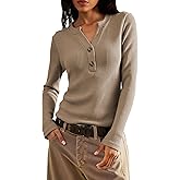 Jar of Love Women's Waffle Knit Tops Long Sleeve Shirts Henley Tops V-Neck Button Down Thermal Shirts Fall Outfits