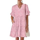 ANRABESS Womens Summer 2026 Trendy Ruffle Short Sleeve V Neck A Line Tiered Flowy Loose Casual Mini Beach Dress with Pockets