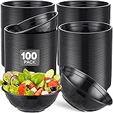Newtay 100 Pack 32oz Black Disposable Plastic Bowls Plastic Salad Bowls Large Stackable Serving Soup Dinnerware for Birthdays, Weddings, Parties, Festivals