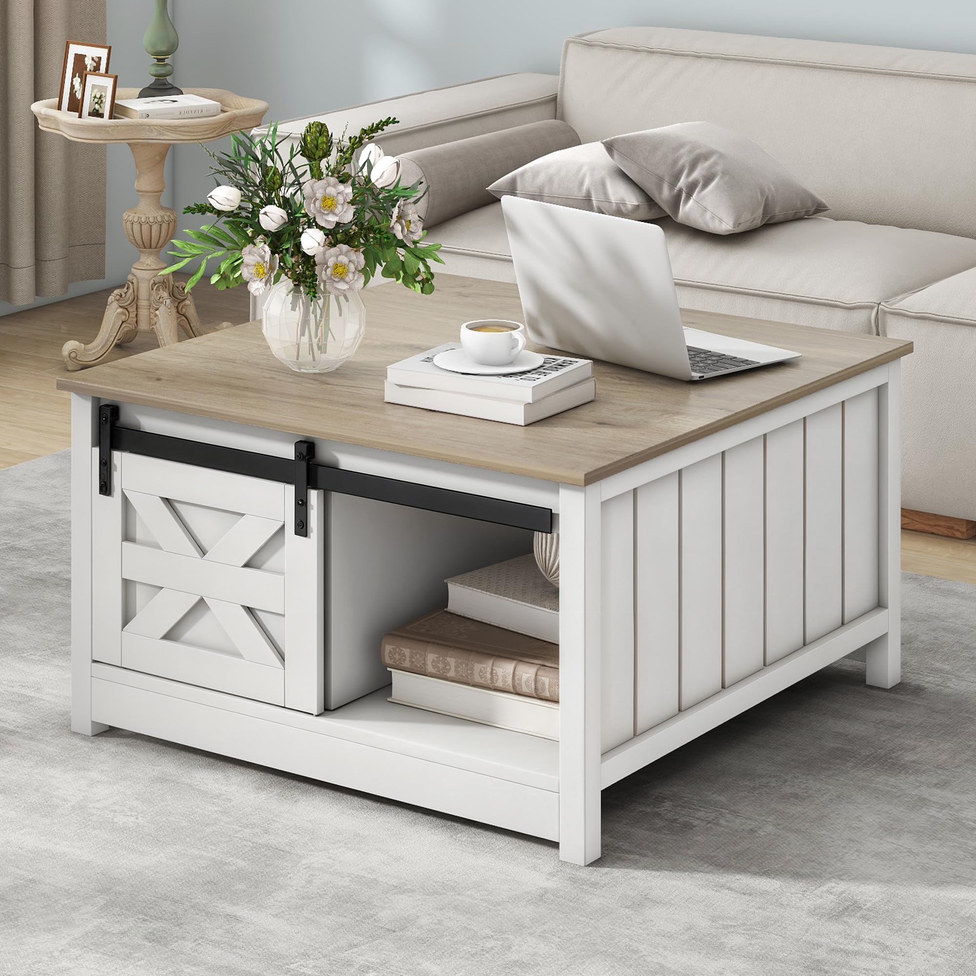 Photo 1 of **SELLING FOR PARTS. MAJOR DAMAGE **DWVO Farmhouse Coffee Table with Storage: Wooden Square Center Table with Sliding Barn Door, Small Living Room Table Light Oak