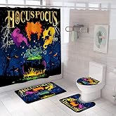 4Pcs Halloween Shower Curtain Set, Hocus Pocus Shower Curtain Set with Non-Slip Rugs, Toilet Lid Cover and Bath Mat, Halloween Hocus Pocus Bathroom Decor with Hooks 71'' x 71'' (Black)