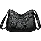 WXQCJL Leather Crossbody Purses for Women - Black Sling Purse with 5 Zip Compartments, Medium Shoulder Bag for Daily Work