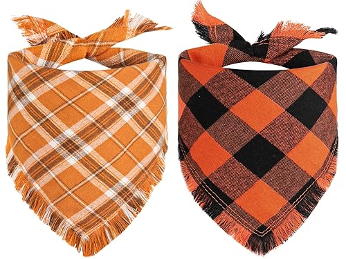 Kytely Fall Dog Bandana Autumn Thanksgiving Dog Bandanas Large, Orange Plaid Pet Scarf for Boy and Girl, Holiday Halloween Reversible Triangle Bibs Accessories for Dogs Pets