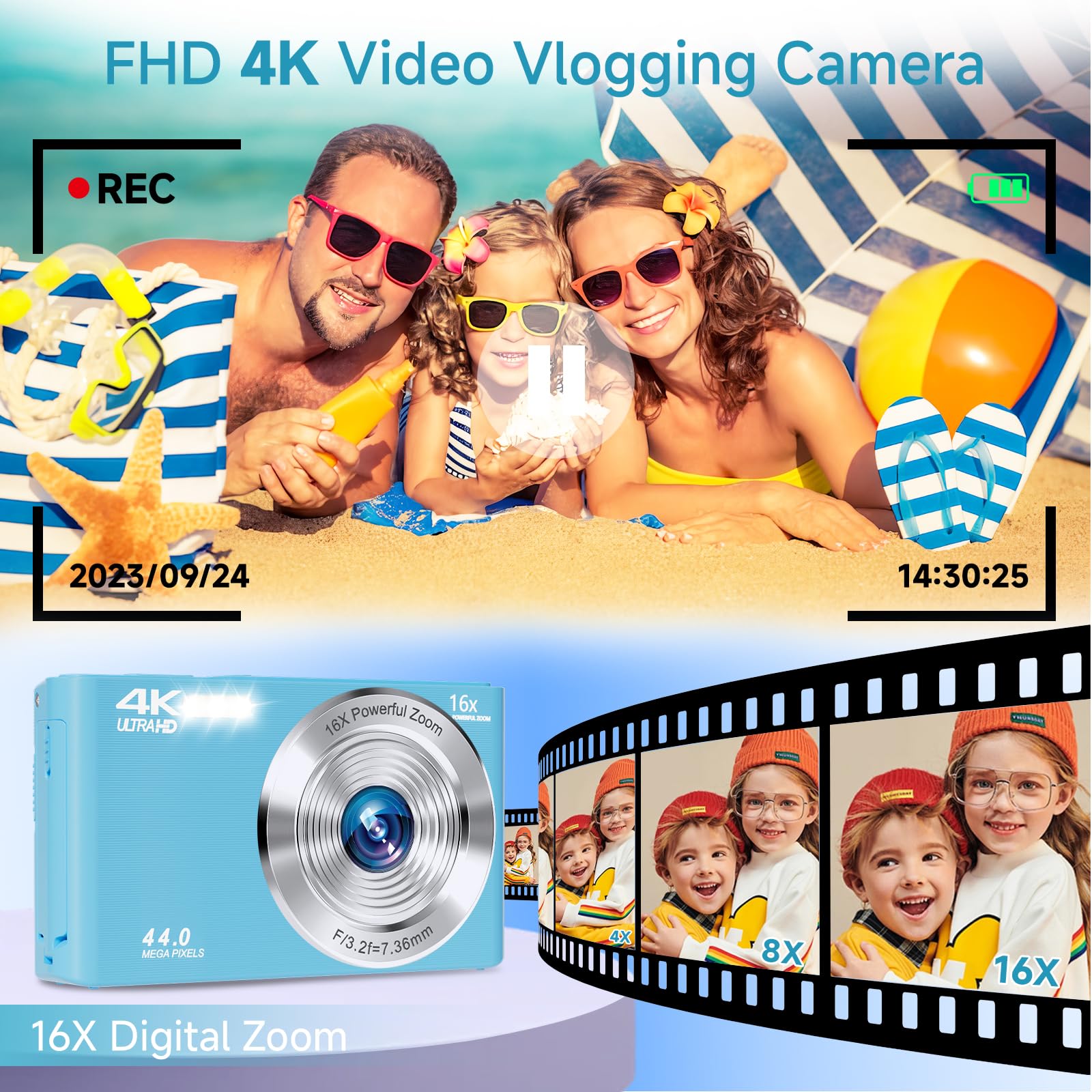 Digital Camera for Teens, FHD 4K 44MP with 64GB SD Card, 16X Digital Zoom, Compact Point Shoot Camera Blue