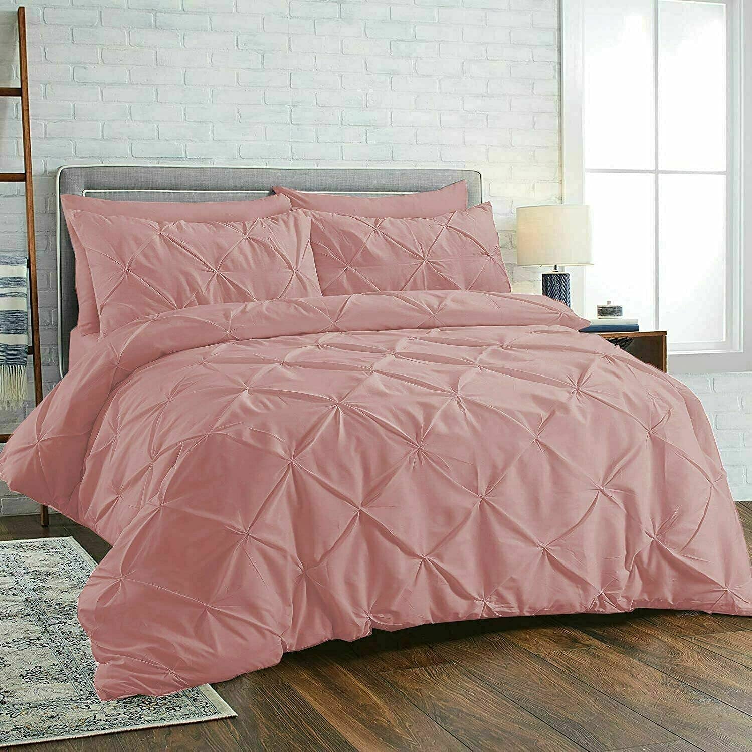SeventhStitch Pinch Diamond Pleated Pintuck Duvet Cover Set 100% Cotton Quilt Covers Bedding Bed Sets Single Double Super King with Pillow Cases (Pink, Super King)