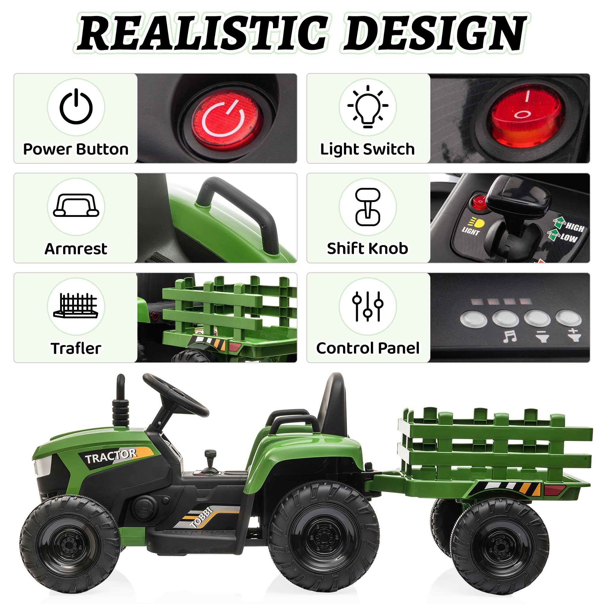 TOBBI Kids Electric Ride On Toy Tractor, 12v Battery-Powered 4 Wheels Ride On Car with Trailer, 35W Dual Motors/3-Gear-Shift/LED Lights/USB Audio Functions for Toddlers 3-6 Years-Dark Green