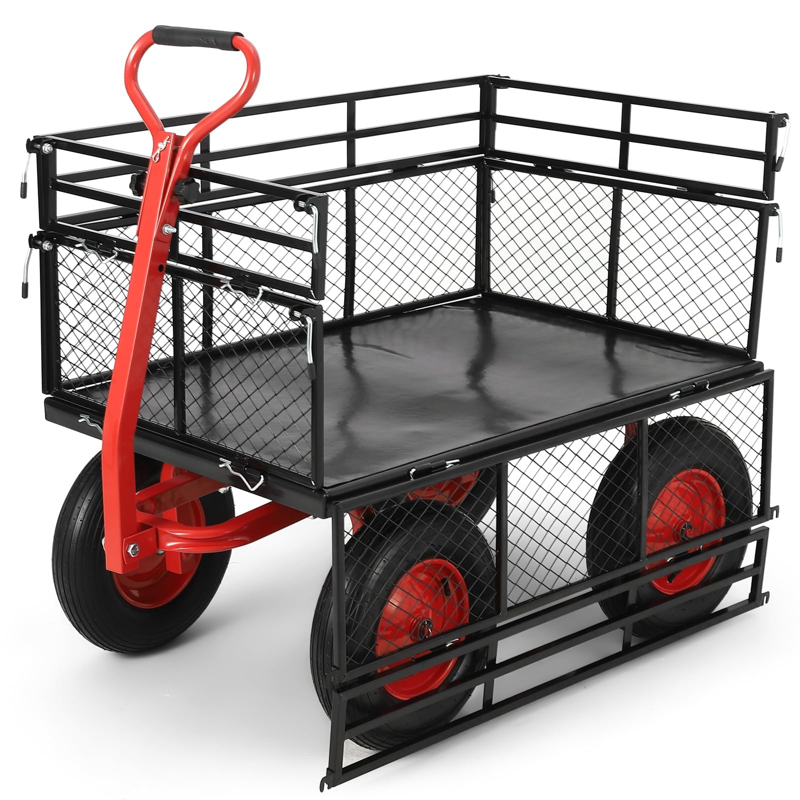 Photo 1 of 1400 Lbs Steel Garden Cart, Heavy Duty Pullable Garden Wagon Yard Cart, 2 in 1 Outdoor Metal Utility Wagon Yard Trailer with 16" All Terrain Tires, Mesh Removable Sides and 180°Rotating Handle