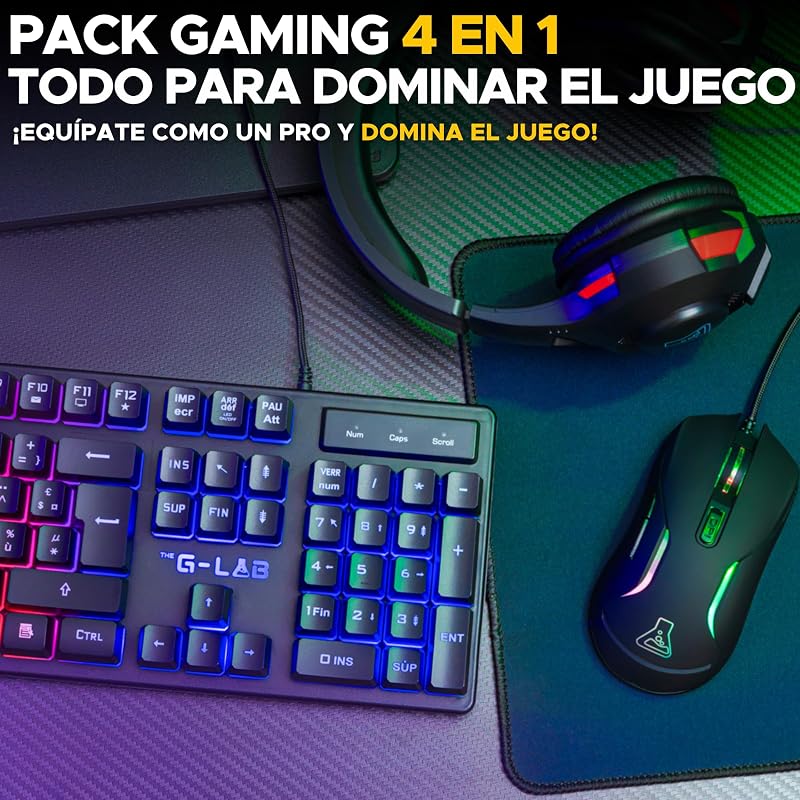- Sulfur Combo - 4 em 1 pack - Teclado QWERTY para jogos com Ñ, rato gamer de 3600 dpi, auscultadores para jogos, tapete antiderrapante – PC, PS4, PS5, Xbox - Layout em inglês