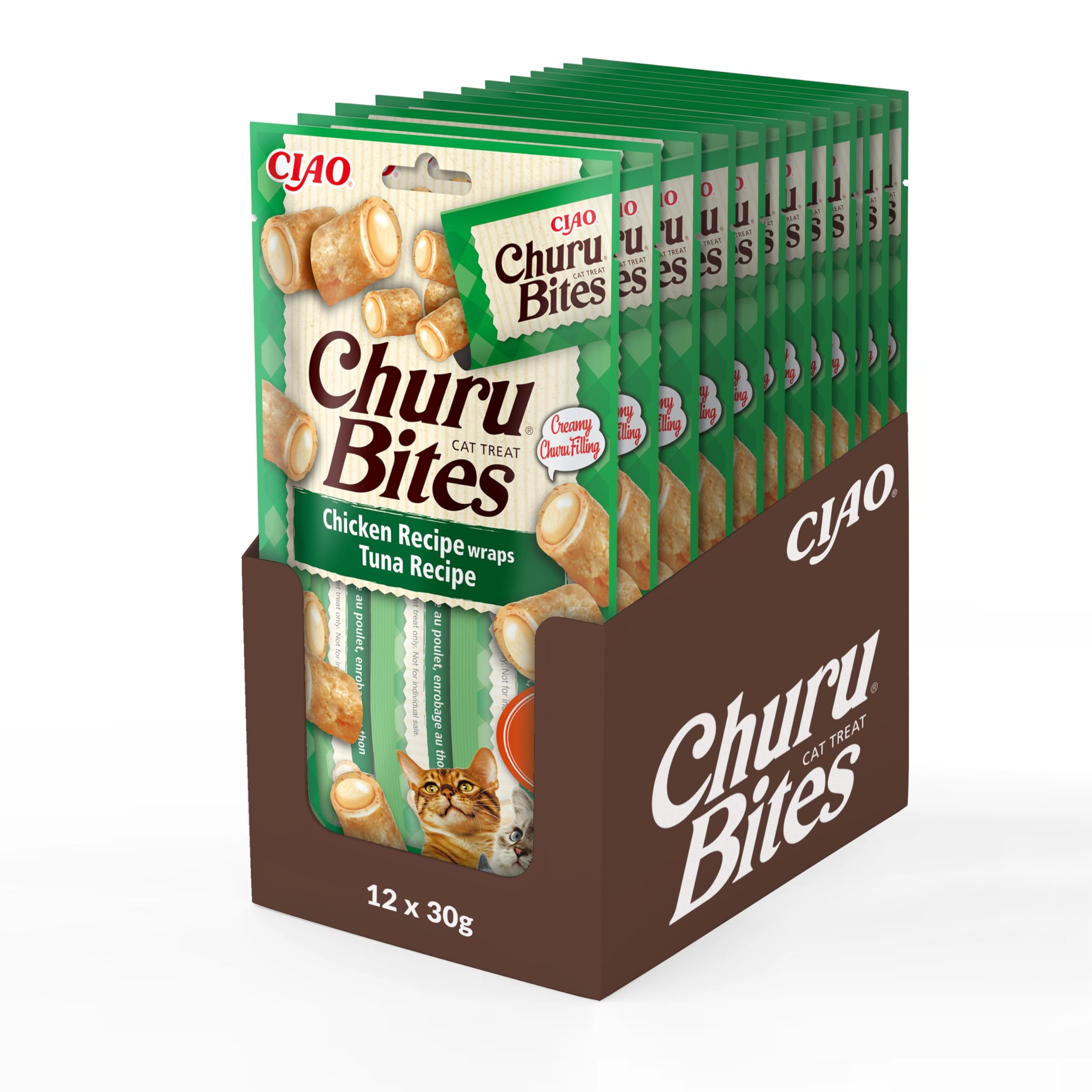 Ciao Churu Bites by INABA Cat Treat - Chicken & Tuna Flavour 12 Pack (36 x 10g) / Crispy Pouches with Creamy Filling Cat Treat, Delicious & Healthy Snack for Cats, Hand Feeding,Green